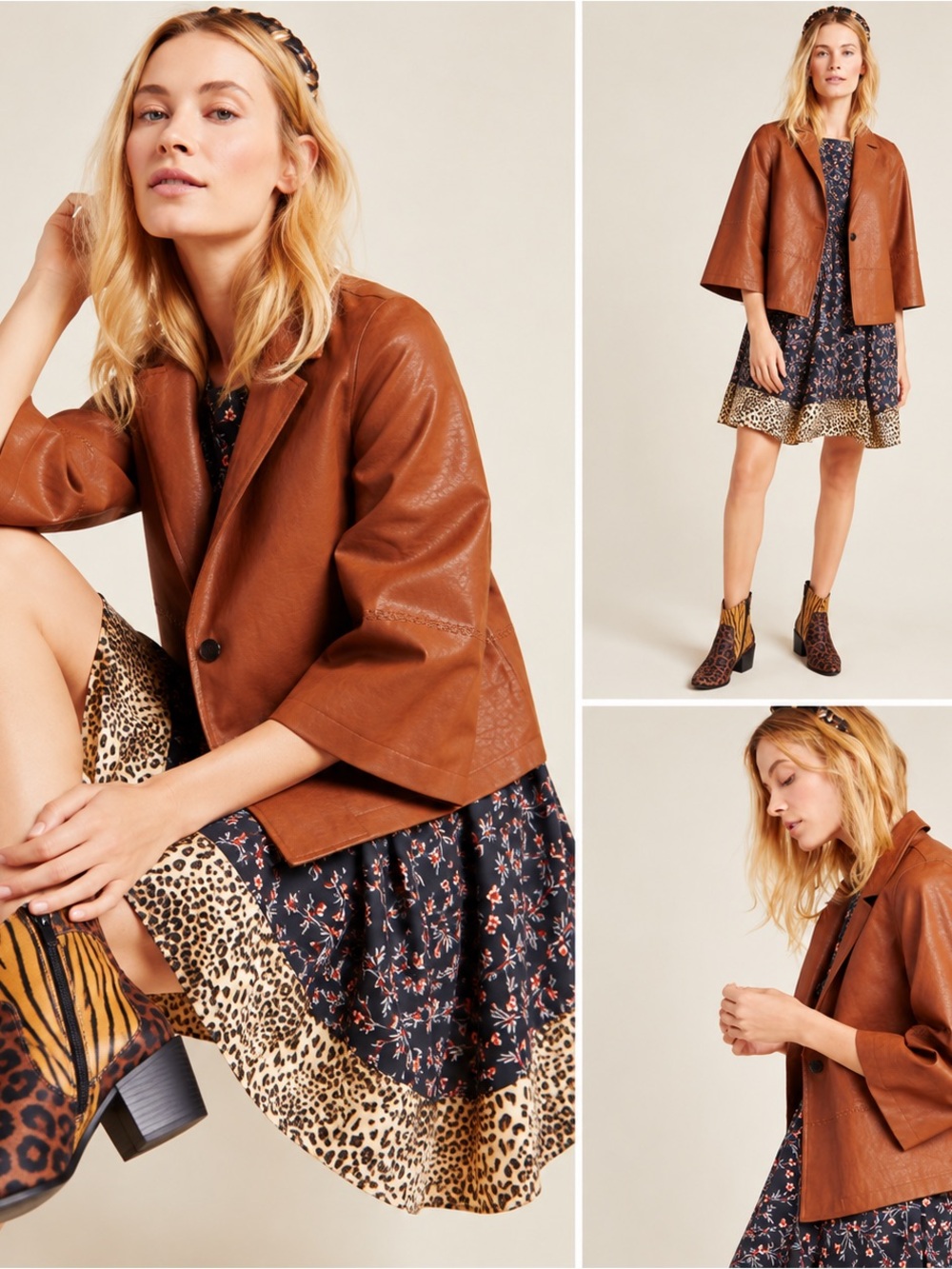 Anthropologie Cropped Faux Leather Blazer Jacket Cognac Brown Size S